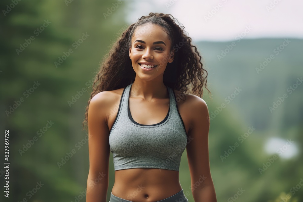 Energetic Woman Enjoying Nature Workout. Generative AI Energetic Woman Enjoying Nature Workout. Generative AI