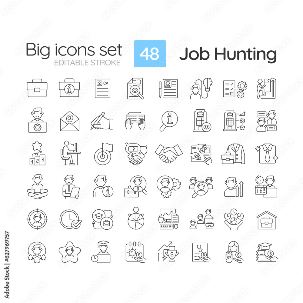 Job hunting linear icons set. Employment agency. Recruitment process. Human resources. Career change. Customizable thin line symbols. Isolated vector outline illustrations. Editable stroke