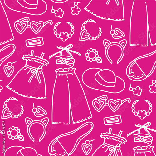 A contour-style pattern in the theme of Barbie outfits on a pink background. Outfits, hat, glasses, bag and other details of jewelry for a girl. Printing on textiles and paper. Packaging