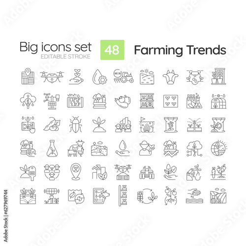 Farming trends linear icons set. Agriculture technology. Food industry. Climate change. Natural product. Customizable thin line symbols. Isolated vector outline illustrations. Editable stroke