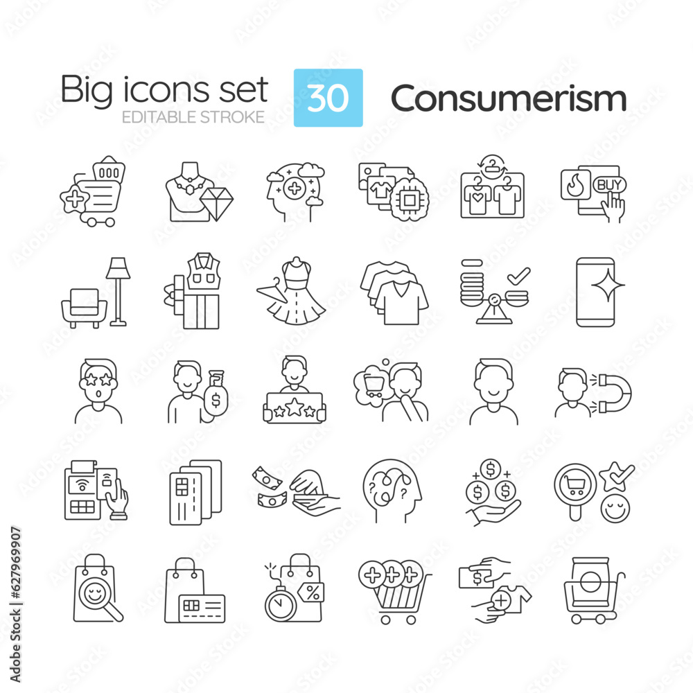 Consumerism linear icons set. Consumer culture. Responsible consumption. Impulse buy. E commerce. Money spending. Customizable thin line symbols. Isolated vector outline illustrations. Editable stroke