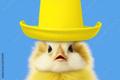 Cute little chicken wearing a hat on colored background with copy space. generative ai photo