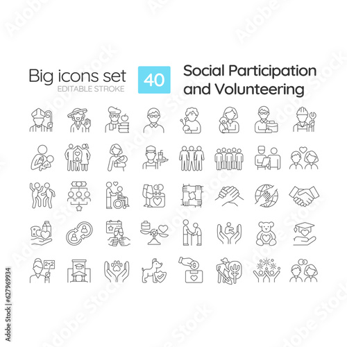 Social participation and volunteering linear icons set. Giving back to community. Civic engagement. Customizable thin line symbols. Isolated vector outline illustrations. Editable stroke