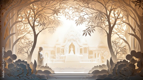 Fotografie, Obraz paper cut style Thailand style, all in white color, against a light