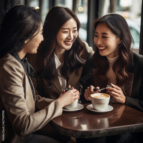 woman with 4 - 5 friends  smiling  sitting and drinking coffee