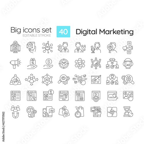 Digital marketing linear icons set. Social media. Online advertising. Brand strategy. Search engine optimization. Customizable thin line symbols. Isolated vector outline illustrations. Editable stroke