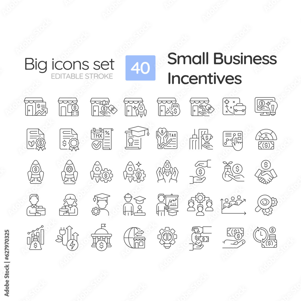 Small business incentives linear icons set. Tax credit. Economic development. Business strategy. Grant money. Customizable thin line symbols. Isolated vector outline illustrations. Editable stroke