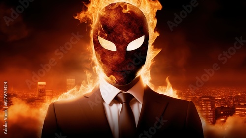 Businessman with devil mask on the background of business people and fire. generative ai photo