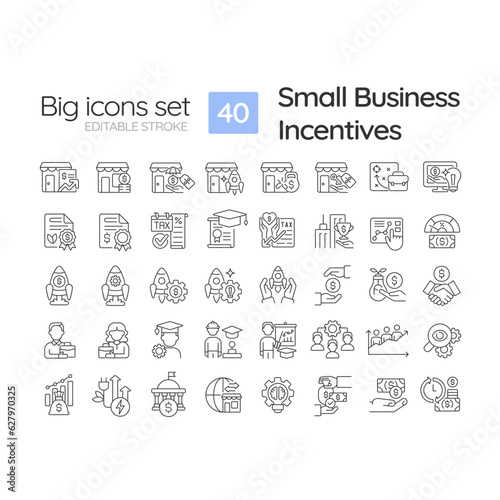 Small business incentives linear icons set. Tax credit. Economic development. Business strategy. Grant money. Customizable thin line symbols. Isolated vector outline illustrations. Editable stroke