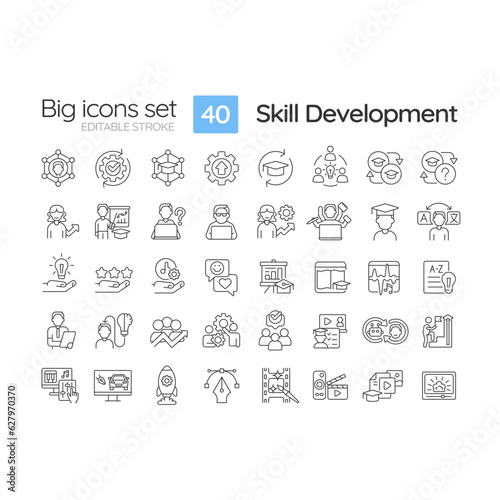 Skill development linear icons set. Professional growth. Training program. Invest in yourself. Goal achievement. Customizable thin line symbols. Isolated vector outline illustrations. Editable stroke