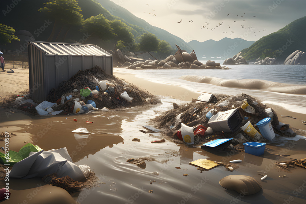 Draw a scene where garbage was washed away in a flood on the beach in ...