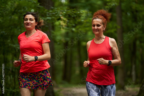 Happy ladies jogging in the forest