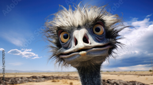 Head of ostrich on clear sky backdrop. Beak of ostrich. Portrait of ostrich head. African ostrich looks into the camera, has a funny look. Largest living bird. Zoo bird. He poses comically