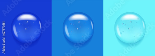 Transparent serum swatch on aqua blue background. Essential glycerin cream toner concept. Oily moisture smear puddle. Round wash fuid microscope realistic blob.