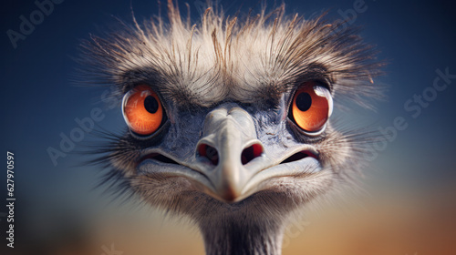 Head of ostrich on clear sky backdrop. Beak of ostrich. Portrait of ostrich head. African ostrich looks into the camera, has a funny look. Largest living bird. Zoo bird. He poses comically