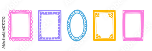 Color simple hand drawn picture frames. Doodle photo frames set. Blank hand drawn square, rectangle and circle. Scribble picture border. Vector doodle illustration isolated on white background.