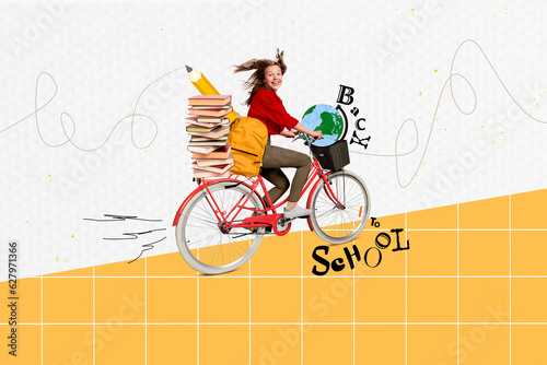 Fototapete Creative collage of happy girl ride bicycle back to school pile stack book bag p