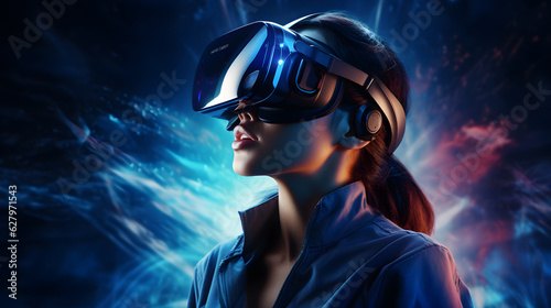 Girl in virtual reality glasses, Metaverse, digital art illustration, Generative AI