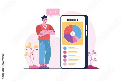 Budget planning concept with people scene in the flat cartoon design. A man reviews his financial expenses and plans a budget. Vector illustration.