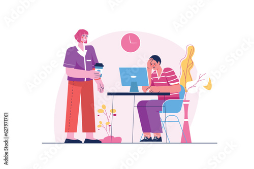 Deadline concept with people scene in the flat cartoon style. The girl is trying to help her colleague complete all the tasks before the deadline. Vector illustration.