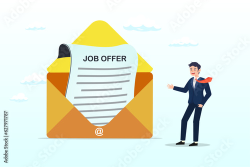 Businessman candidate thinking to accept job offer email envelope, job offer or job opportunity to be promoted or new position for higher salary, employment and recruitment, human resources (Vector)