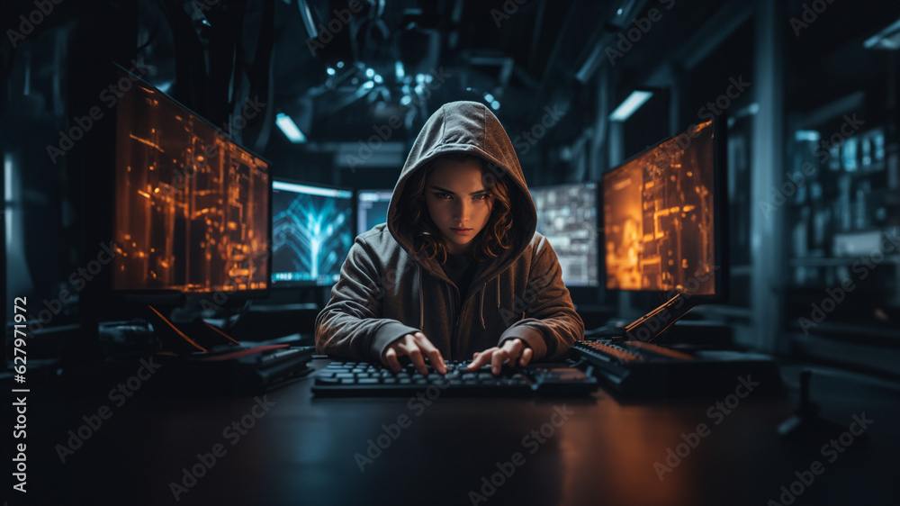 Skilled hacker sitting in front of a computer setup Fingers typing rapidly on a high-tech keyboard Cutting-edge computer equipment with multiple screens Advanced cybersecurity tools and software