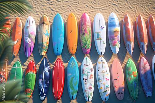 Aerial top view of surf board on the sea beach, AI generate