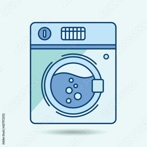 Cute washing machine flat vector design for laundy related illustration. Home appliance filled with water and bubbles design.