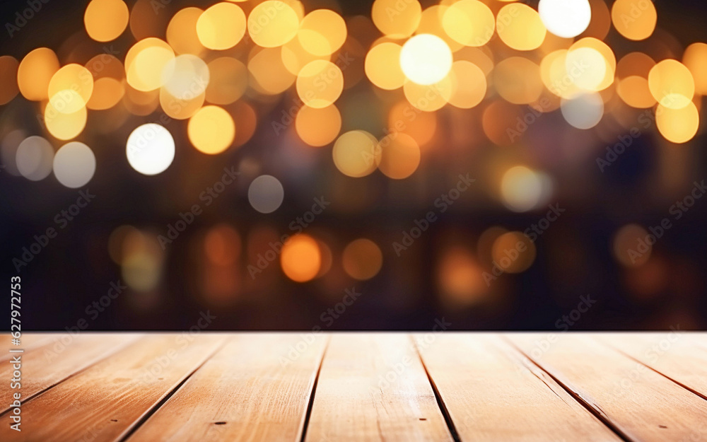  Wooden table, blurred bokeh background background.