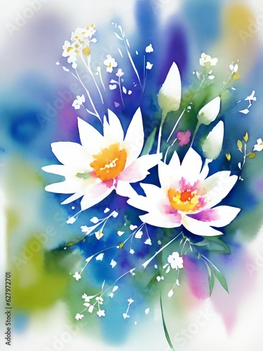 White watercolor flowers on a blue background