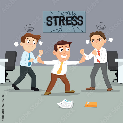 Male employee set apart mad aggressive diverse colleagues fight quarrel in office, angry man coworkers have conflict controversy at work meeting, illustration vector cartoon. 