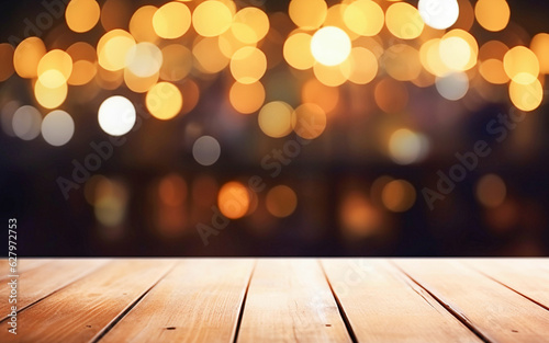  Wooden table, blurred bokeh background background.