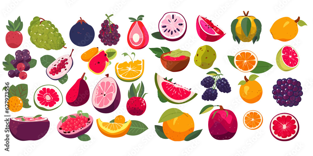 Set of colorful cartoon fruit icons apple pear strawberry orange peach plum watermelon pineapple papaya grape cherry kiwi lemon Set of colorful cartoon fruit icons apple pear strawberry orange peach plum watermelon pineapple papaya grape cherry kiwi lemon