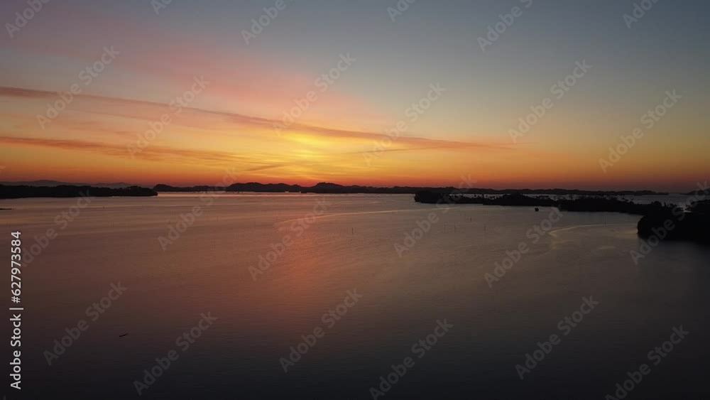 Slow motion drone shot of the ocean during sunset Slow motion drone shot of the ocean during sunset