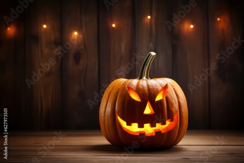Halloween pumpkin head jack lantern on a wooden background  background for the holiday. Atmosphere for design