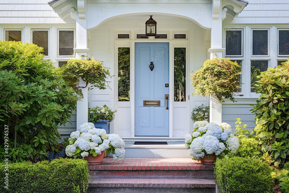 Blue front door of traditional style home. A front entrance of a home with a blue door.
