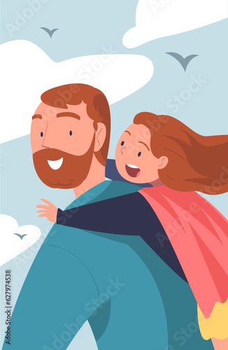 Happy Father Carry His Daughter on Back Walking and Spend Time Together Vector Illustration