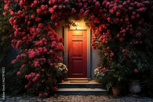 A Red Door on a Brick House with Pink Flowers. Generative AI illustration