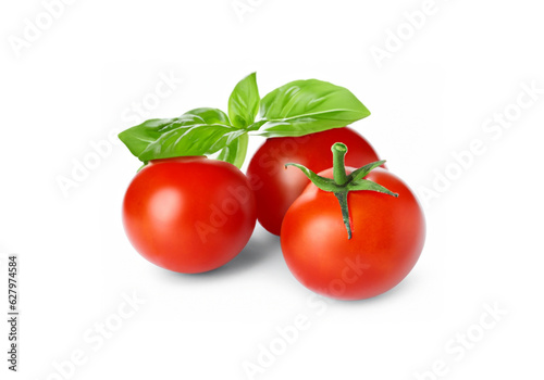 Cherry tomatoes and green fresh organic basil Isolated on white  