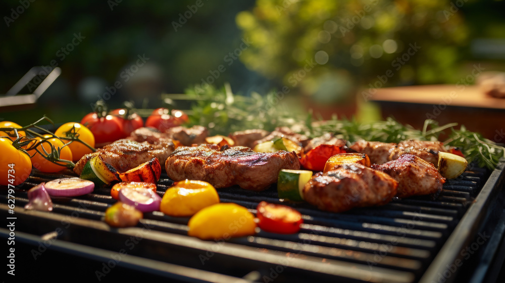 a close-up photo of a barbeque with meat on it in a garden during sunset during the summer