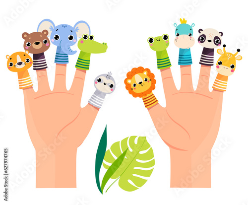 Finger Toy and Puppets on Hand Palm Vector Illustration