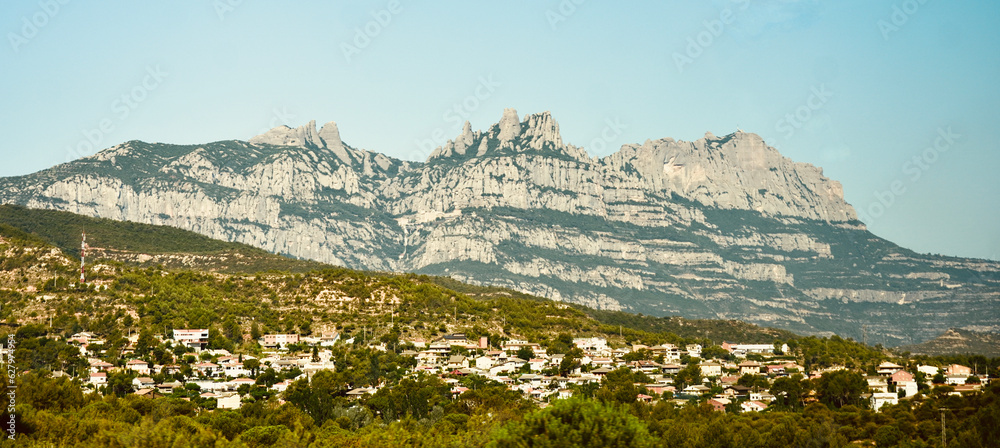 Panoramic view of Montserrat Barcelona, in Catalonia. Village houses down the mountain.
