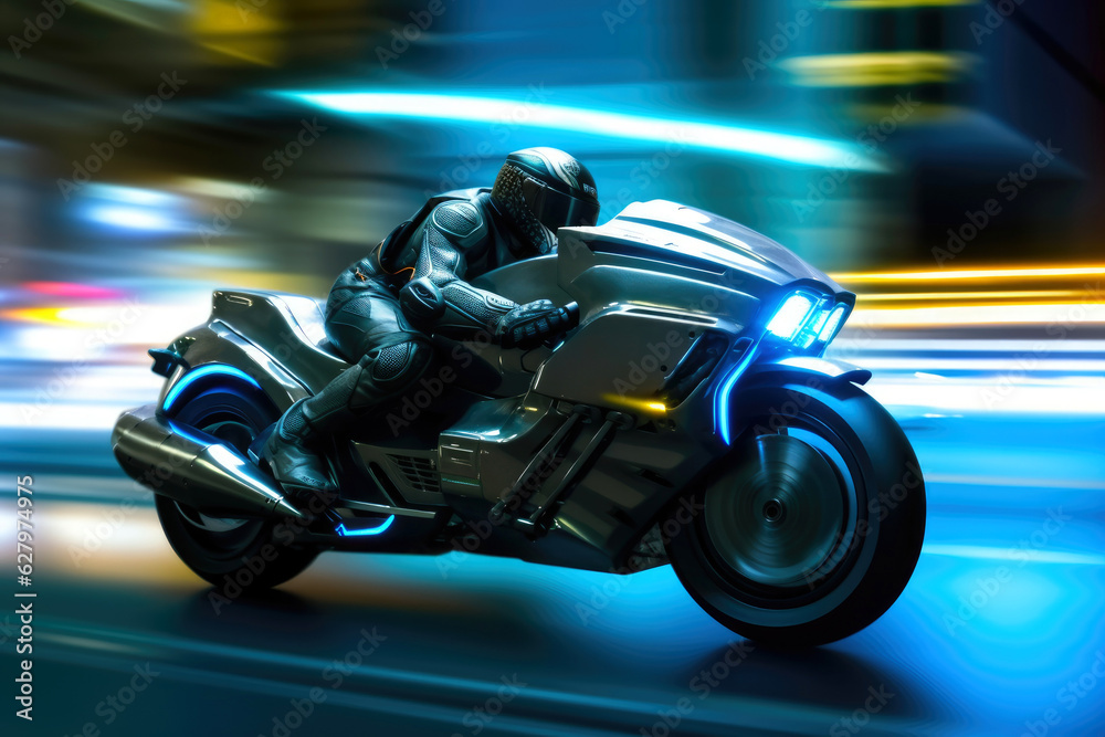 A motion blur of a robot driving a futuristic motorbike. Generative AI