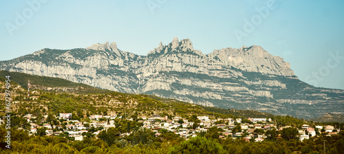 Panoramic view of Montserrat Barcelona, in Catalonia. Village houses down the mountain. 