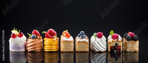 Set of delicious cakes. Small sweet cakes isolated on white background. Bakery products. Banner design