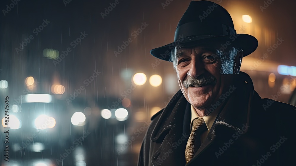 Old mustachioed man portrait wearing brim hat and coat on night street lights at overcast weather, attractive elderly male private detective outdoor street portrait of old gentleman, generative AI Old mustachioed man portrait wearing brim hat and coat on night street lights at overcast weather, attractive elderly male private detective outdoor street portrait of old gentleman, generative AI