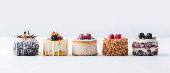 Set of delicious cakes. Small sweet cakes isolated on white background. Bakery products. Banner design