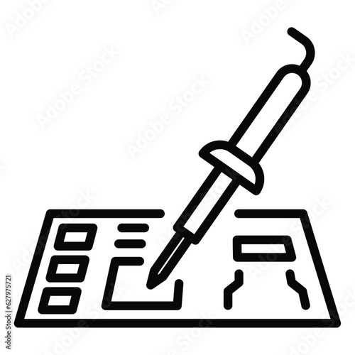Soldering iron, vector linear black and white icon. Repairs process. Soldering the Module. Soldering iron next to the open module with components. Black line illustration on white background. Isolated