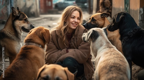 Smiling woman volunteer among pack of friendly dogs on street, happy woman glad to meet with homeless dogs near dog kennel, walking dogs on street with favorite pets concept, generative AI