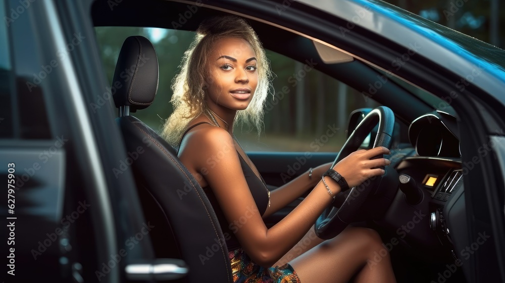 Attractive black woman at wheel of car outdoor traveling, female car driver at wheel look at camera through an open door, black girl in short dress sitting in car, careful woman driving, generative AI Attractive black woman at wheel of car outdoor traveling, female car driver at wheel look at camera through an open door, black girl in short dress sitting in car, careful woman driving, generative AI